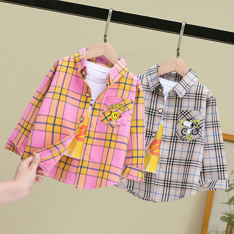 Children's shirt 2022 spring and autumn new boys' foreign style cardigan coat girls' Plaid Shirt middle school kids' fashion