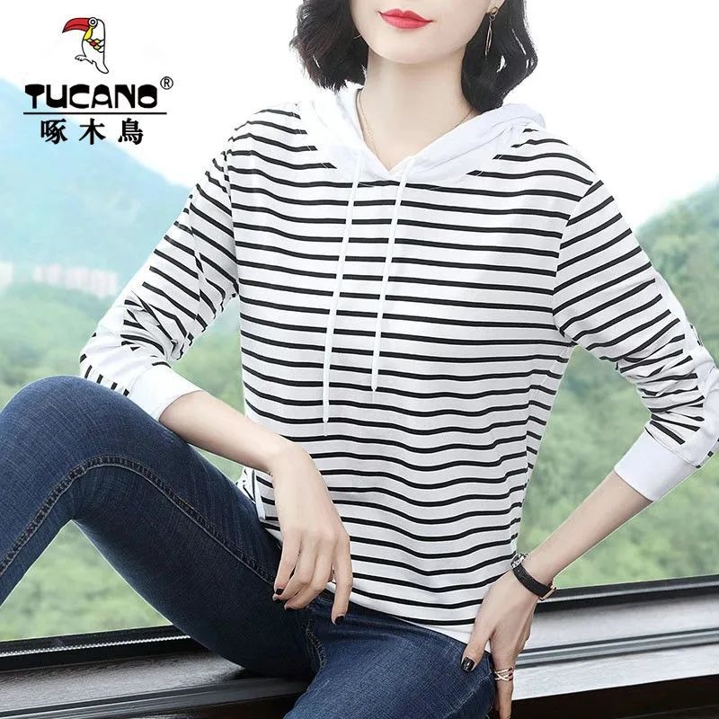 啄木鳥純棉條紋長袖連帽t恤女秋季寬鬆上衣中年媽媽大碼打底衫女