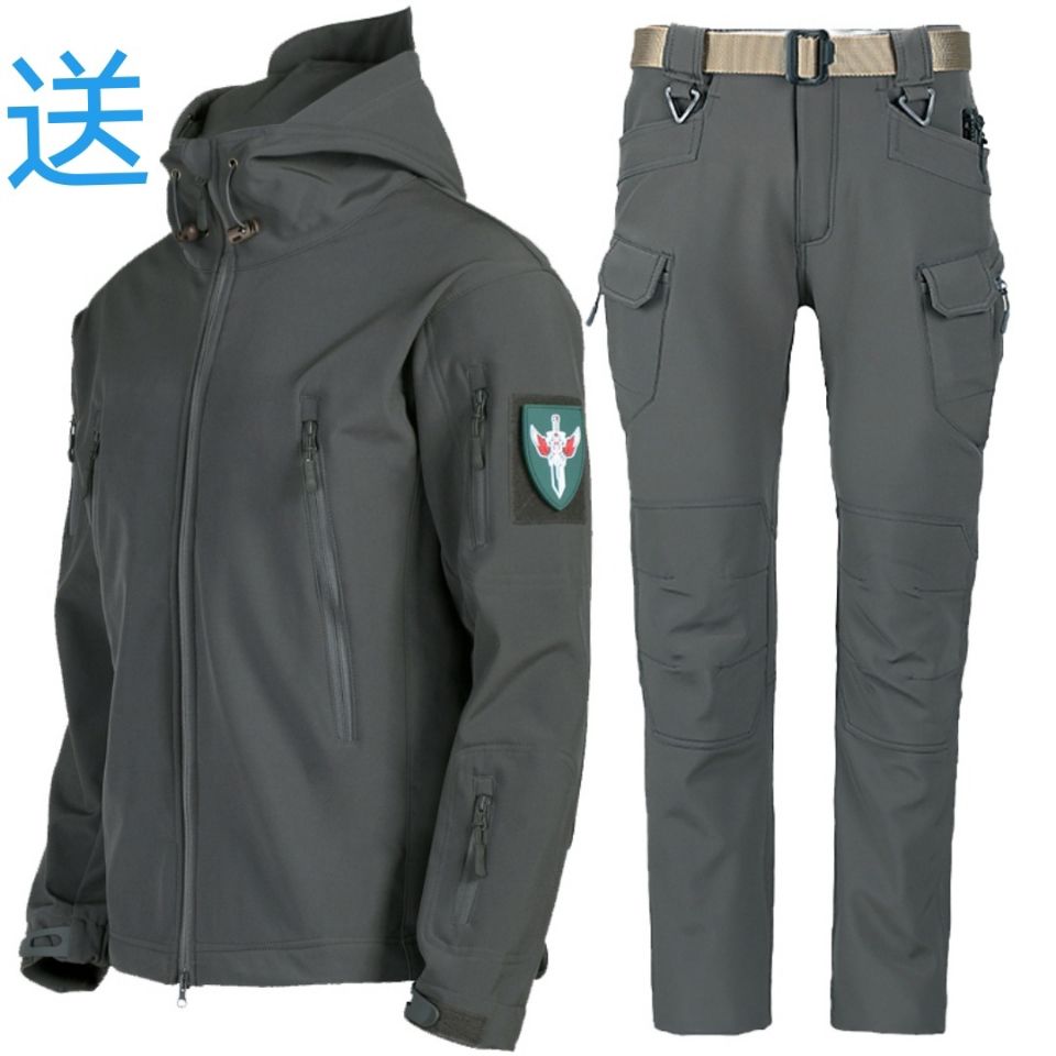 鲨鱼皮冲锋衣套装男冬季防水软壳衣外套骑行服秋冬登山滑雪钓鱼服