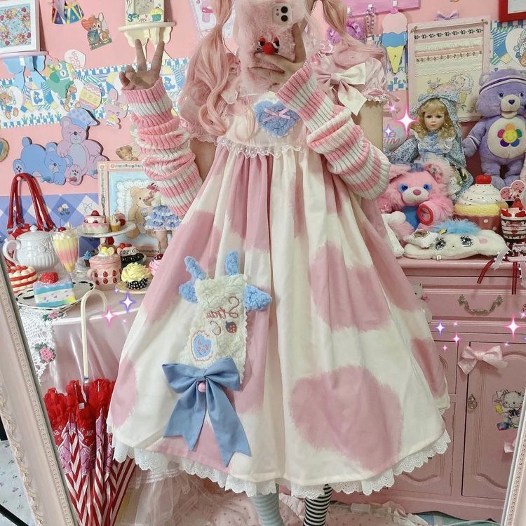 洛丽塔可爱萝莉小奶糕奶裙子牛印花jsk日系软妹lolita吊带连衣裙