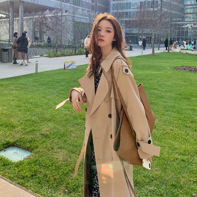 Windbreaker coat women's spring and autumn  new Korean version medium and long British style loose over the knee temperament popular coat [shipped within 5 days]