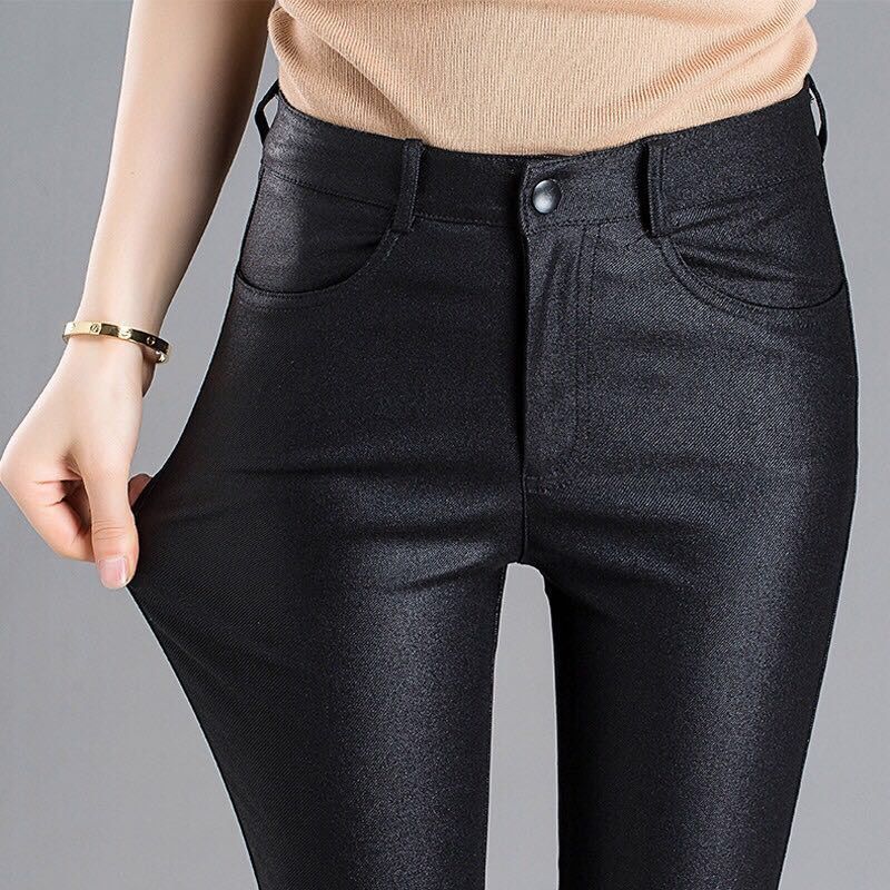 Spring and autumn new matte matte outer wear thin leggings women's elastic elastic waist high waist coated leather trousers