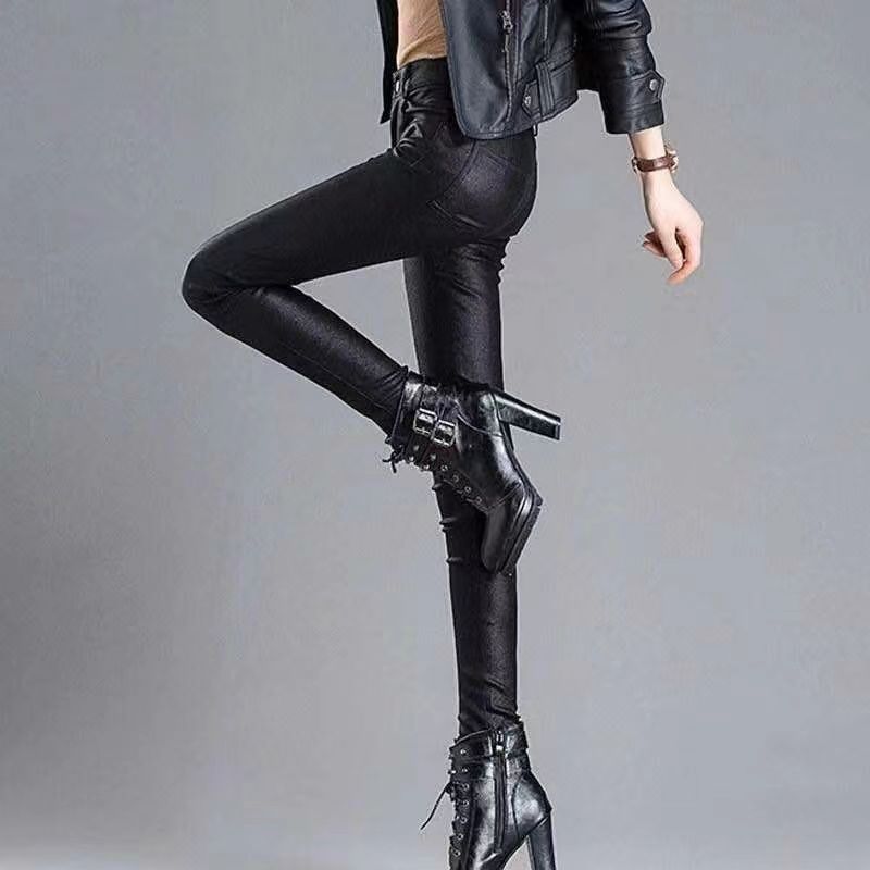 Spring and autumn new matte matte outer wear thin leggings women's elastic elastic waist high waist coated leather trousers