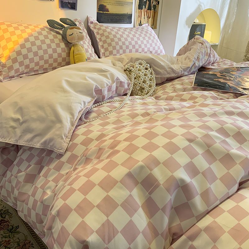 Ins princess style pink checkerboard simple bedding four-piece set student dormitory bed sheet quilt cover three-piece set