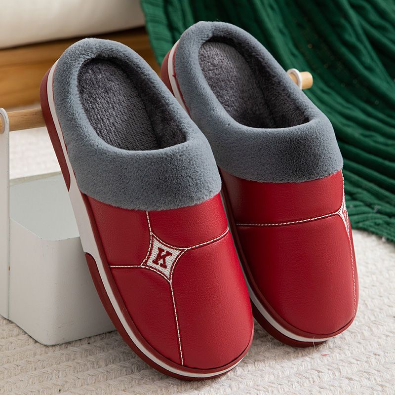 PU lint slippers men's home waterproof thick bottom warm winter home indoor couple fur slippers women autumn and winter