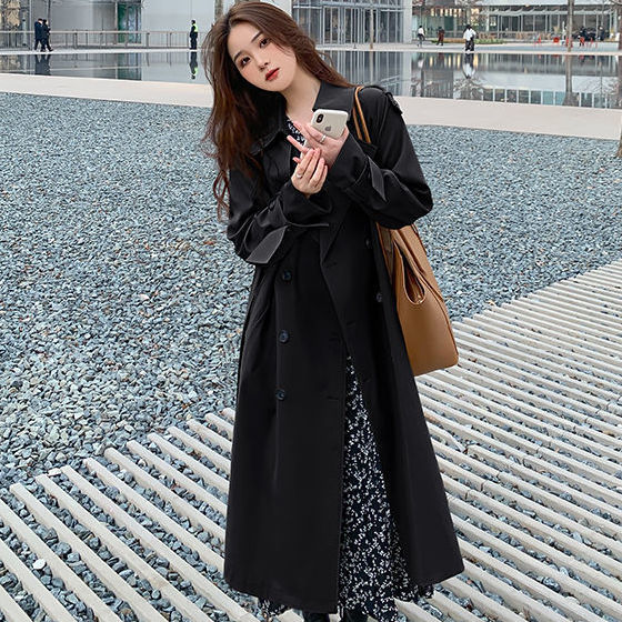 Windbreaker coat women's spring and autumn  new Korean version medium and long British style loose over the knee temperament popular coat [shipped within 5 days]