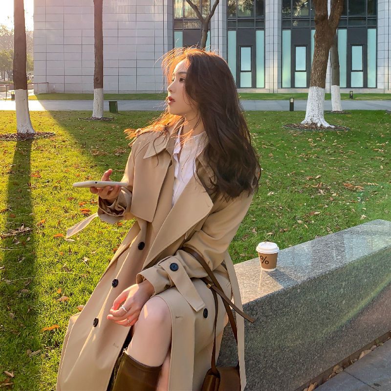 Windbreaker coat women's spring and autumn  new Korean version medium and long British style loose over the knee temperament popular coat [shipped within 5 days]