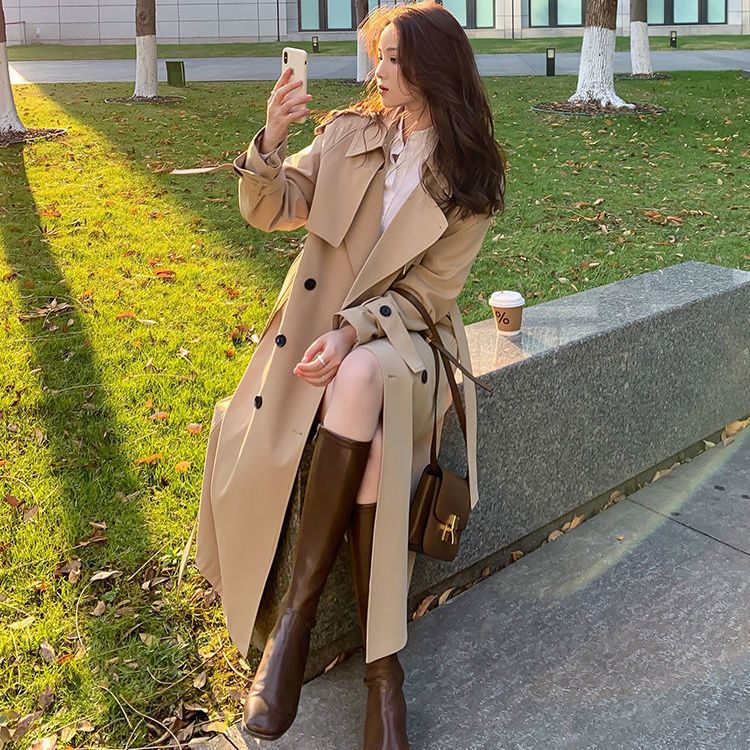 Windbreaker coat women's spring and autumn  new Korean version medium and long British style loose over the knee temperament popular coat [shipped within 5 days]