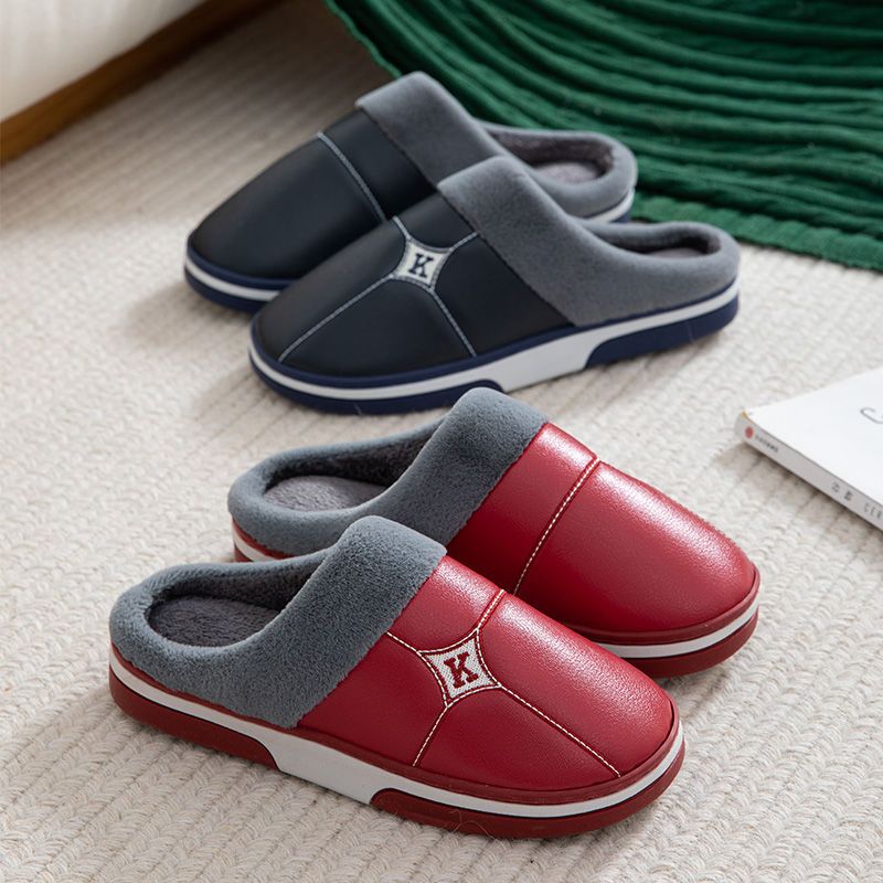 PU lint slippers men's home waterproof thick bottom warm winter home indoor couple fur slippers women autumn and winter