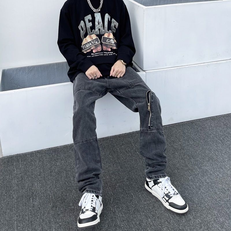 美式水洗復古黑色工裝牛仔褲男vibe風寬鬆直筒褲潮牌高街嘻哈長褲