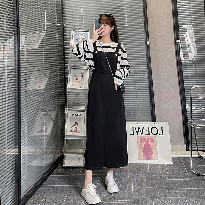 大碼女裝早秋2021年新款條紋上衣吊帶裙時尚套裝顯瘦微胖mm兩件套