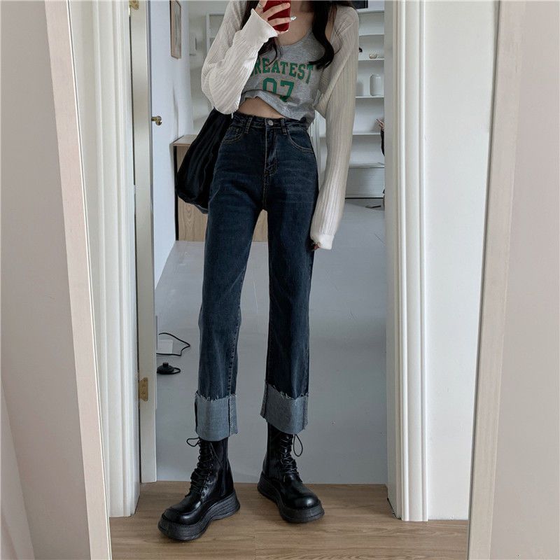 年秋新款大碼胖妹妹高腰顯瘦百搭牛仔褲女寬鬆直筒卷邊闊腿褲