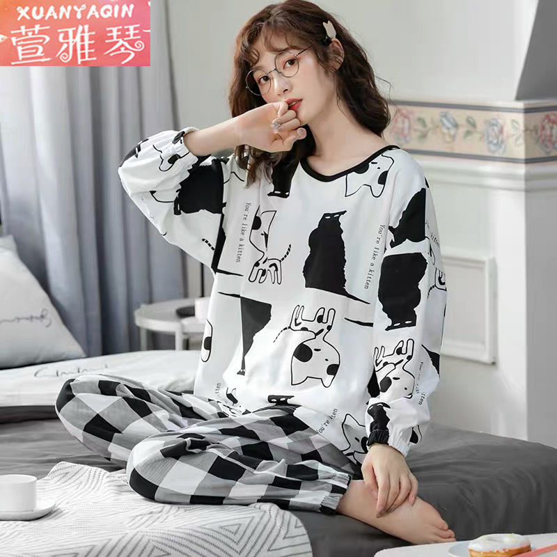 New pajamas women's spring and autumn long-sleeved loose cartoon two-piece suit Korean version cute winter home clothes can be worn outside