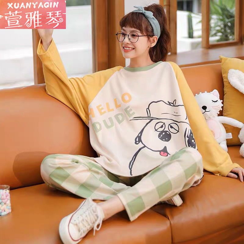 New pajamas women's spring and autumn long-sleeved loose cartoon two-piece suit Korean version cute winter home clothes can be worn outside