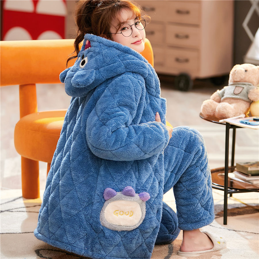 [Extra thick padded jacket] Three-layer quilted pajamas ladies winter plus velvet thickened coral fleece warm home clothing set