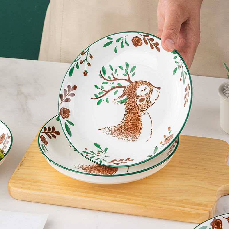 森林小鹿碗盘碟套装家庭家用新款高颜值汤碗高档餐具套餐全套批发