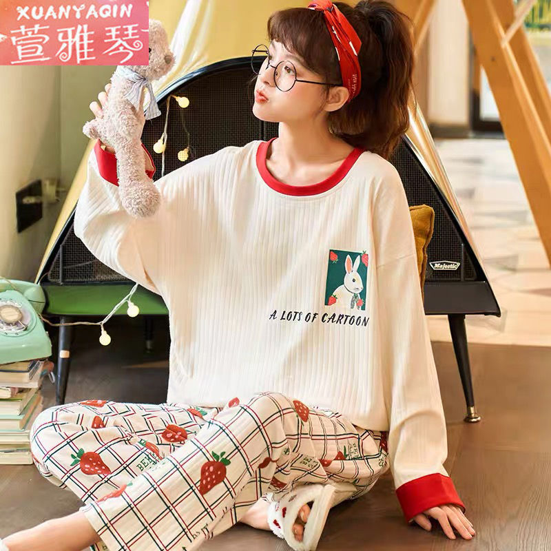 New pajamas women's spring and autumn long-sleeved loose cartoon two-piece suit Korean version cute winter home clothes can be worn outside