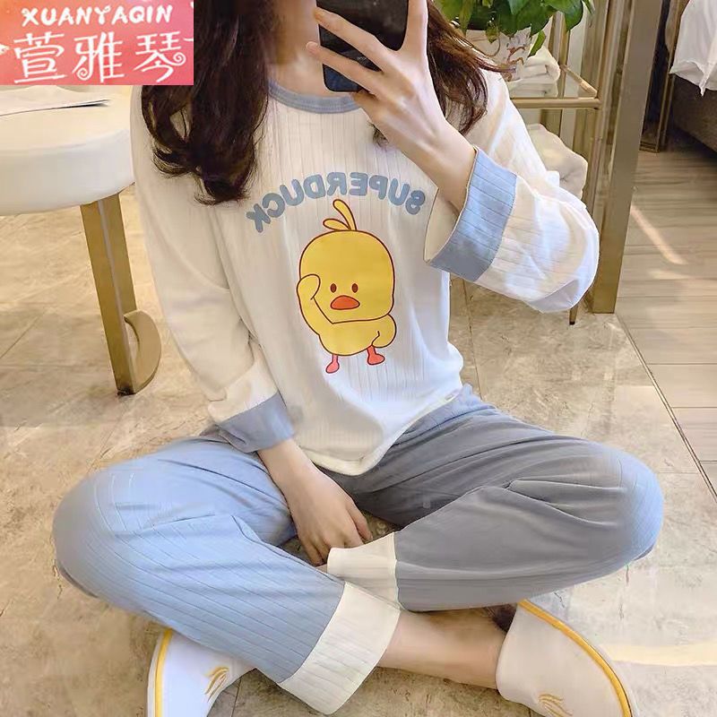 New pajamas women's spring and autumn long-sleeved loose cartoon two-piece suit Korean version cute winter home clothes can be worn outside