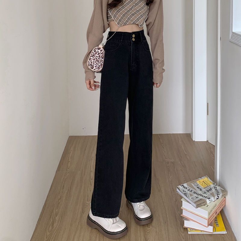 小個子闊腿牛仔褲女年新款黑色高腰寬鬆大碼春秋拖地直筒褲子