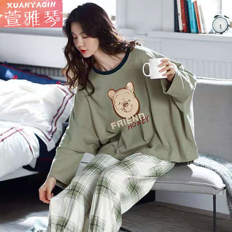 New pajamas women's spring and autumn long-sleeved loose cartoon two-piece suit Korean version cute winter home clothes can be worn outside