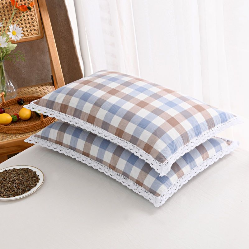 格子水洗棉枕套荞麦枕芯羽丝绒枕头学生单人宿舍枕头芯整套家用