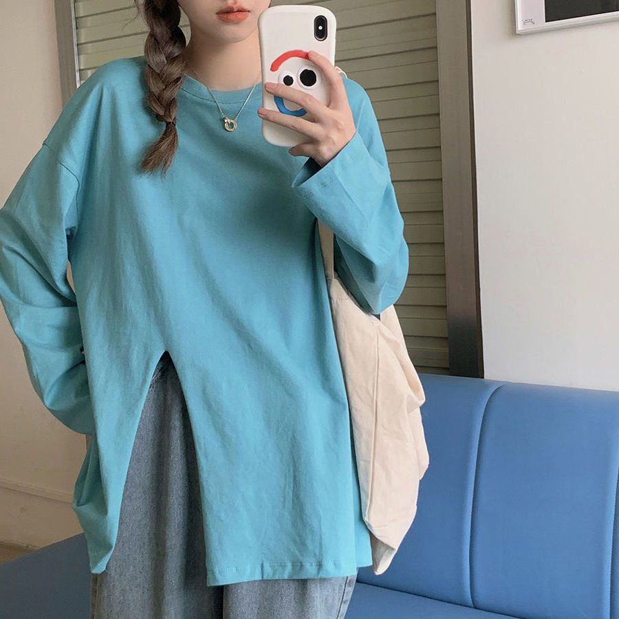 100% pure cotton design sense net red same style slit long-sleeved T-shirt sweater women's spring and autumn loose top ins tide