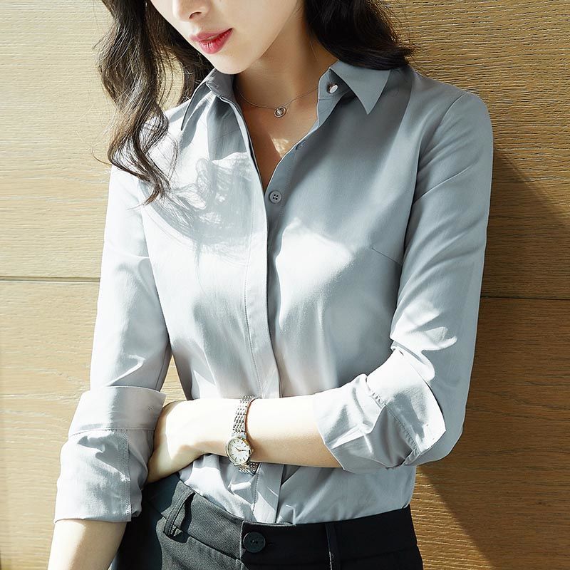 白色衬衫女2021秋新款韩版修身长袖职业正装工装衬衣工作服上衣