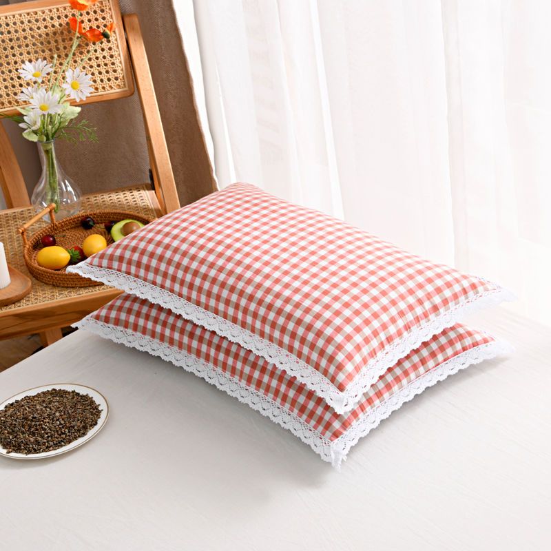 格子水洗棉枕套荞麦枕芯羽丝绒枕头学生单人宿舍枕头芯整套家用