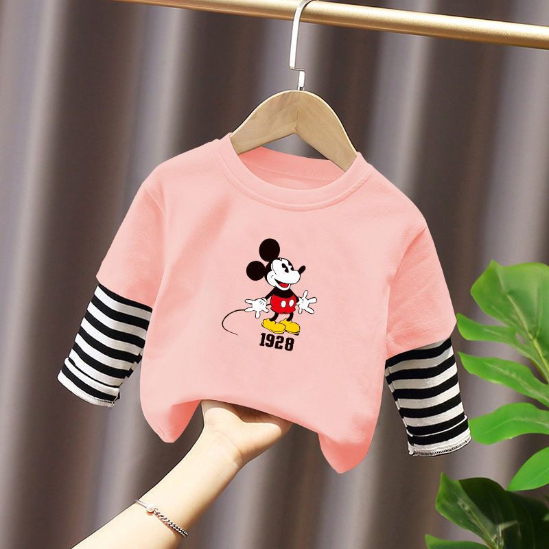  autumn new foreign style boys and girls pure cotton long-sleeved T-shirt fake two-piece stitching striped cotton bottoming shirt