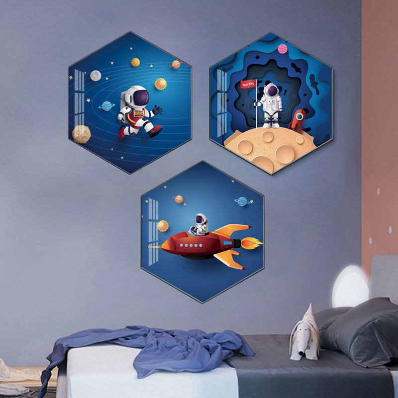 现代儿童房装饰画六边形组合三联男孩宝宝卧室床头挂画太空宇航员