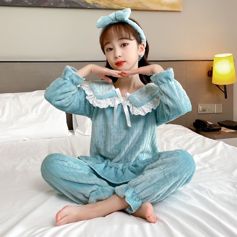 Children's pajamas girls autumn and winter thickened plus velvet flannel  new princess mother and daughter parent-child home clothes