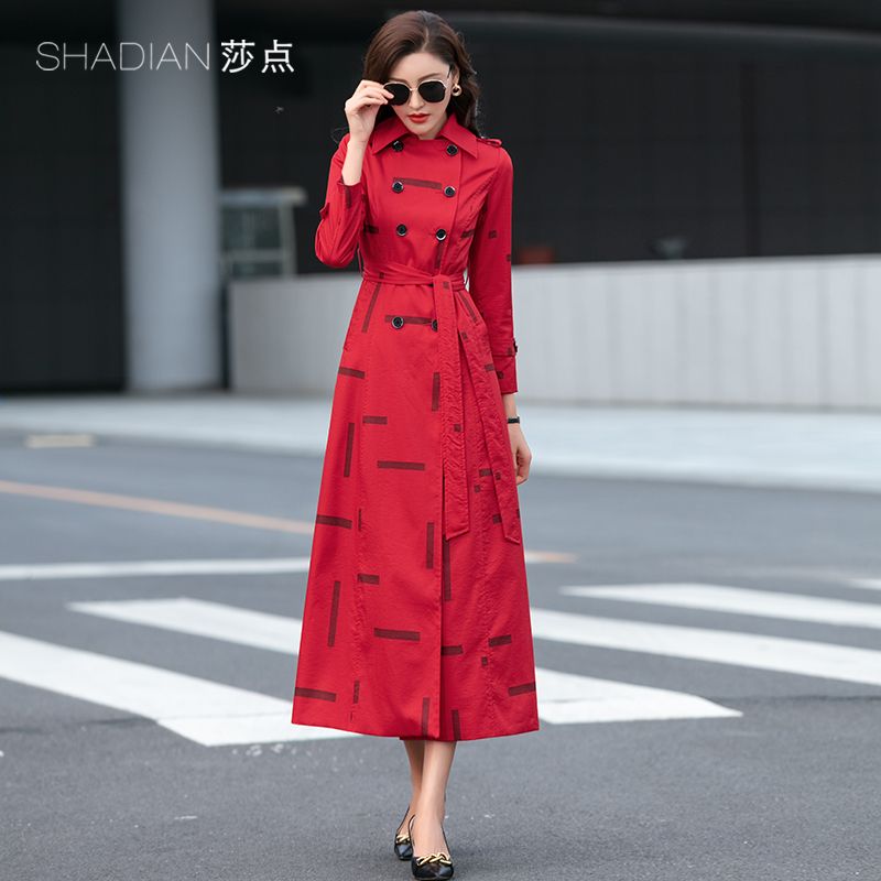 时尚印花红色风衣女中长款过膝修身显瘦春秋外套气质双排扣大衣