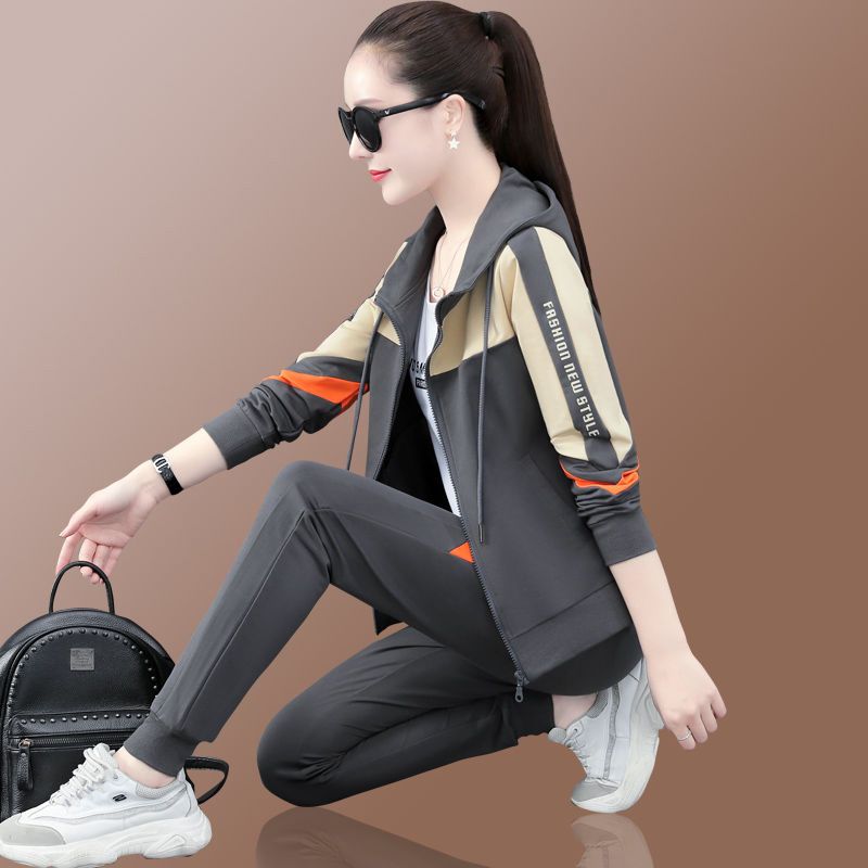 Single/suit with cotton t sports suit women's spring and autumn 2023 loose large size trendy brand casual running suit three-piece set