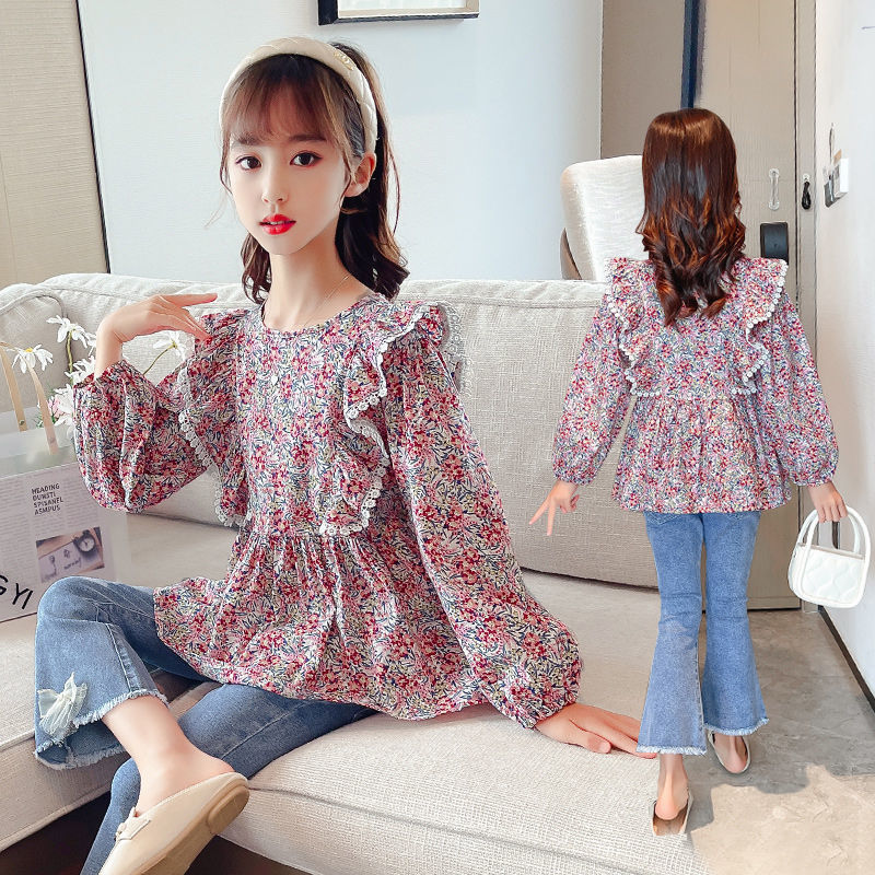 2023女童春季套裝兒童洋氣時髦網紅碎花襯衫蝴蝶結牛仔褲兩件套