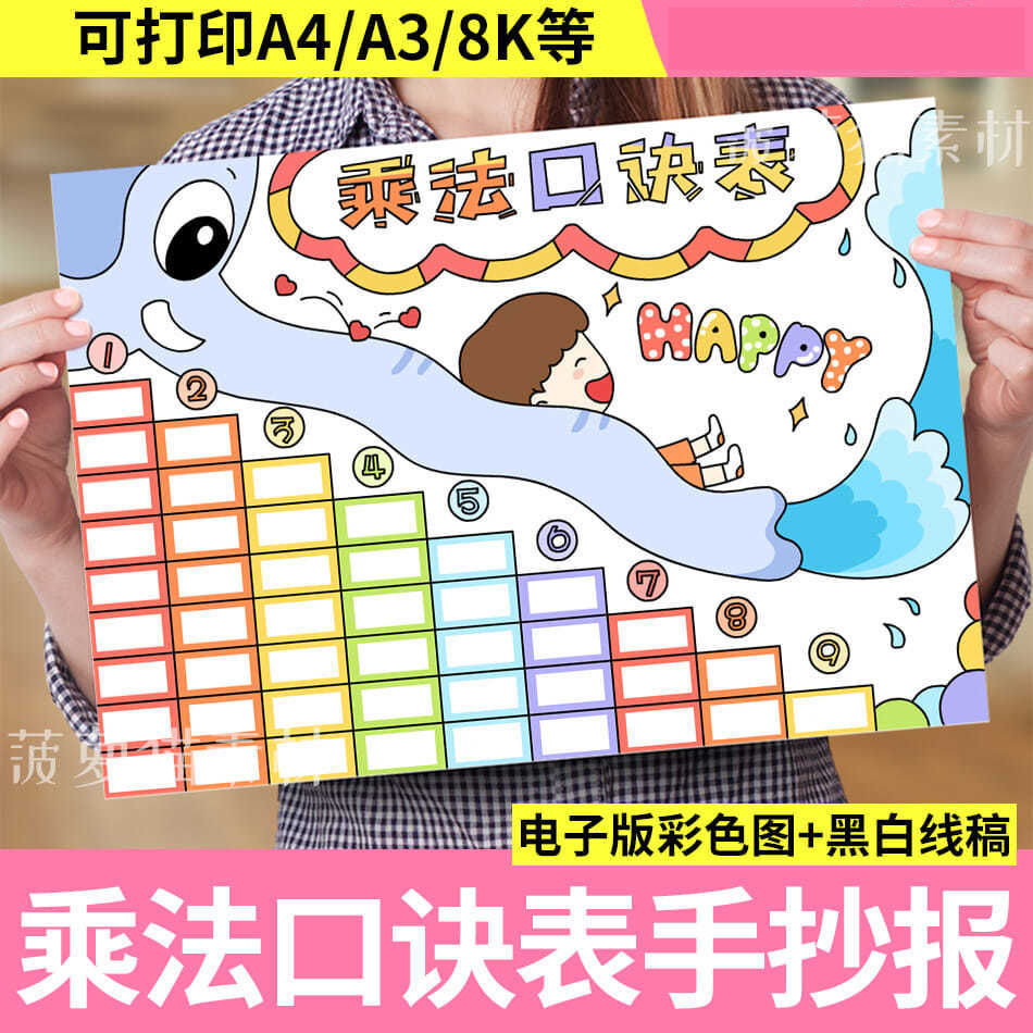 九九乘法口诀表手抄报模板小学生一二三年级趣味数学主题线稿小报