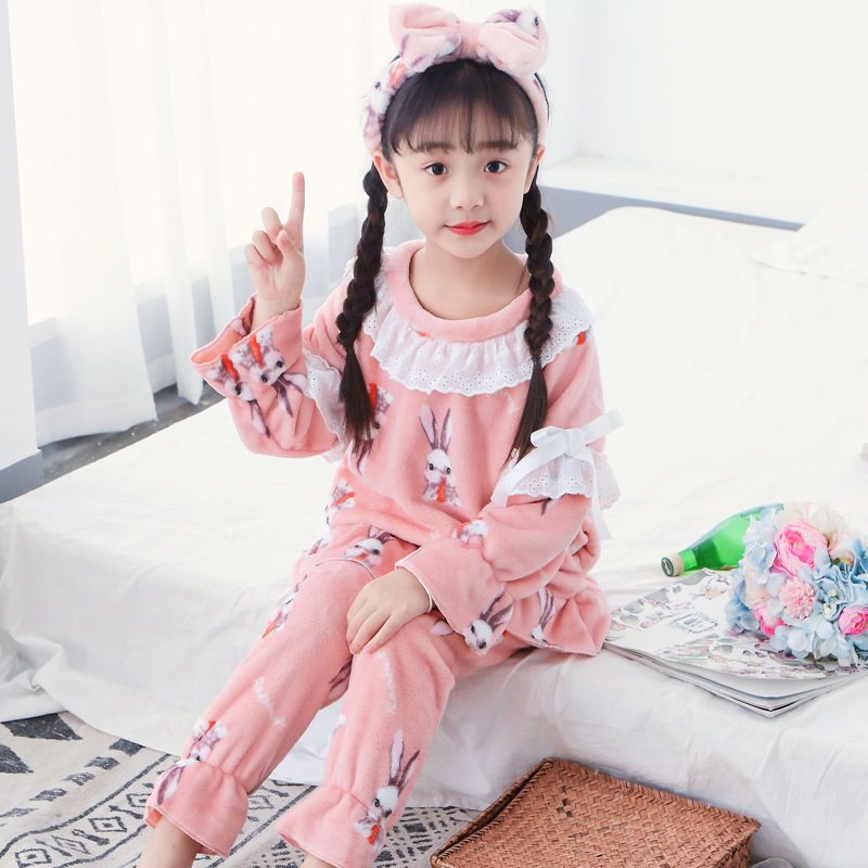 Children's pajamas girls autumn and winter thickened plus velvet flannel  new princess mother and daughter parent-child home clothes