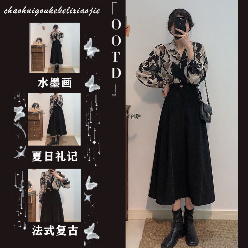 大碼女裝2022春季小眾赫本風氣質御姐雪紡襯衫上衣胖mm半身裙套裝