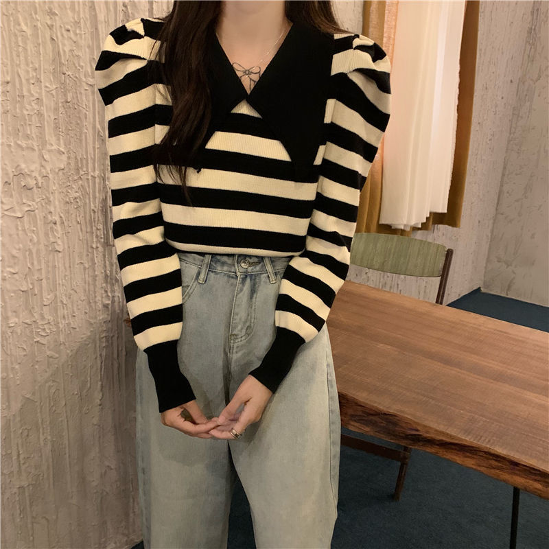 Early autumn lazy short doll collar top design sense new retro waist striped loose long-sleeved knitted sweater for women