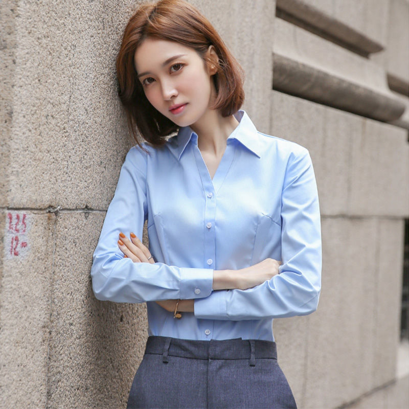 2023春秋新款白衬衫女长袖韩版职业工装正装修身女装上衣蓝衬衣寸