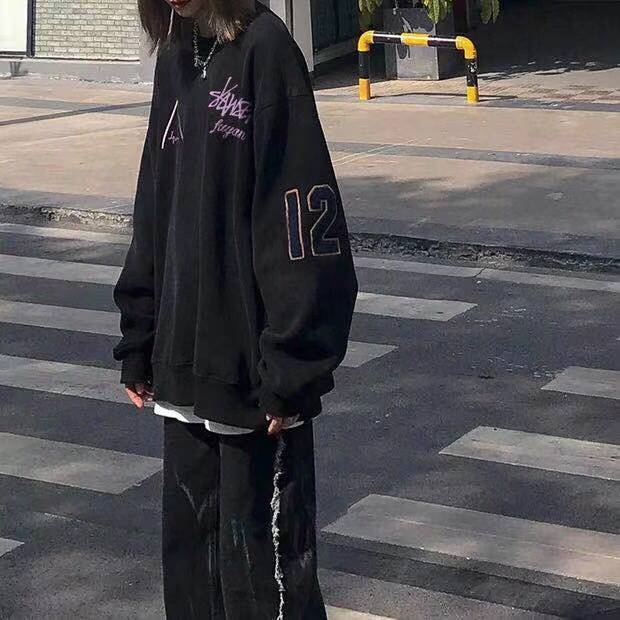 75690-高街潮牌黑八薄款卫衣男女情侣装ins宽松圆领加绒加厚秋冬款外套-详情图