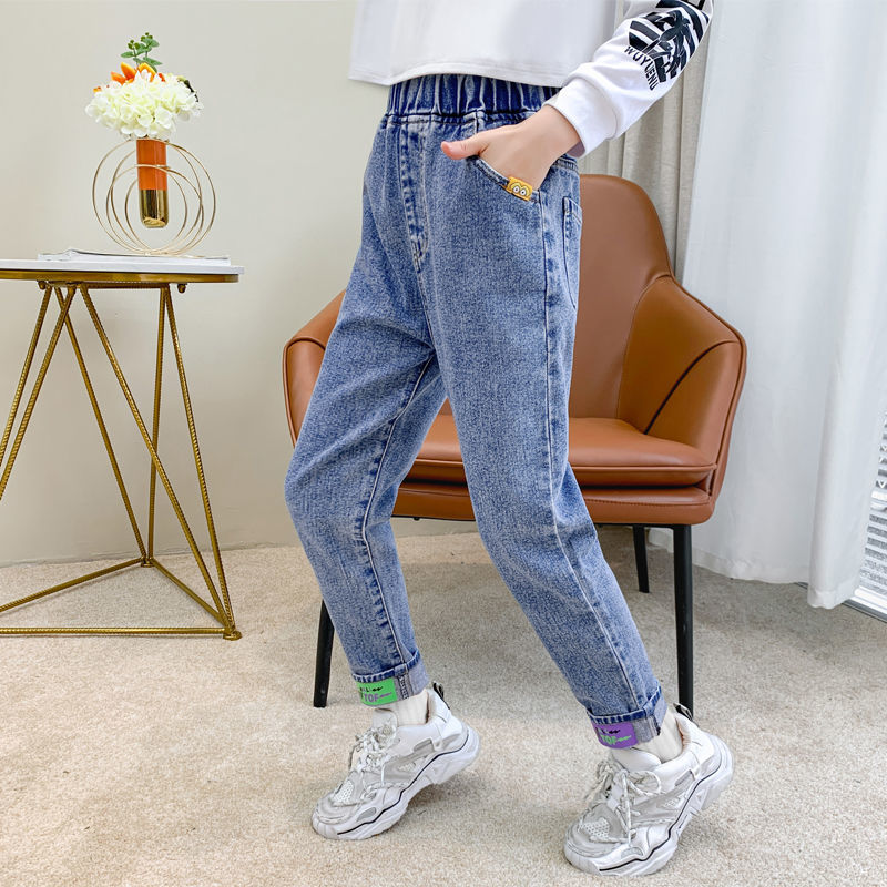 Children's clothing girls elastic jeans spring new middle and big children Korean version of casual trousers winter clothing plus fleece children's pants