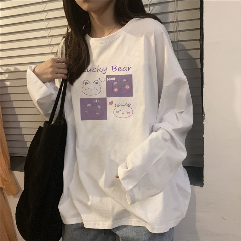 白色寬鬆長袖女t恤秋季上衣女韓版寬鬆圓領百搭打底衫內搭韓版ins