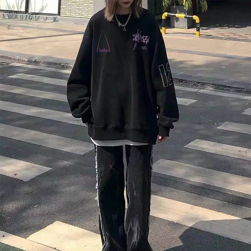 75690-高街潮牌黑八薄款卫衣男女情侣装ins宽松圆领加绒加厚秋冬款外套-详情图