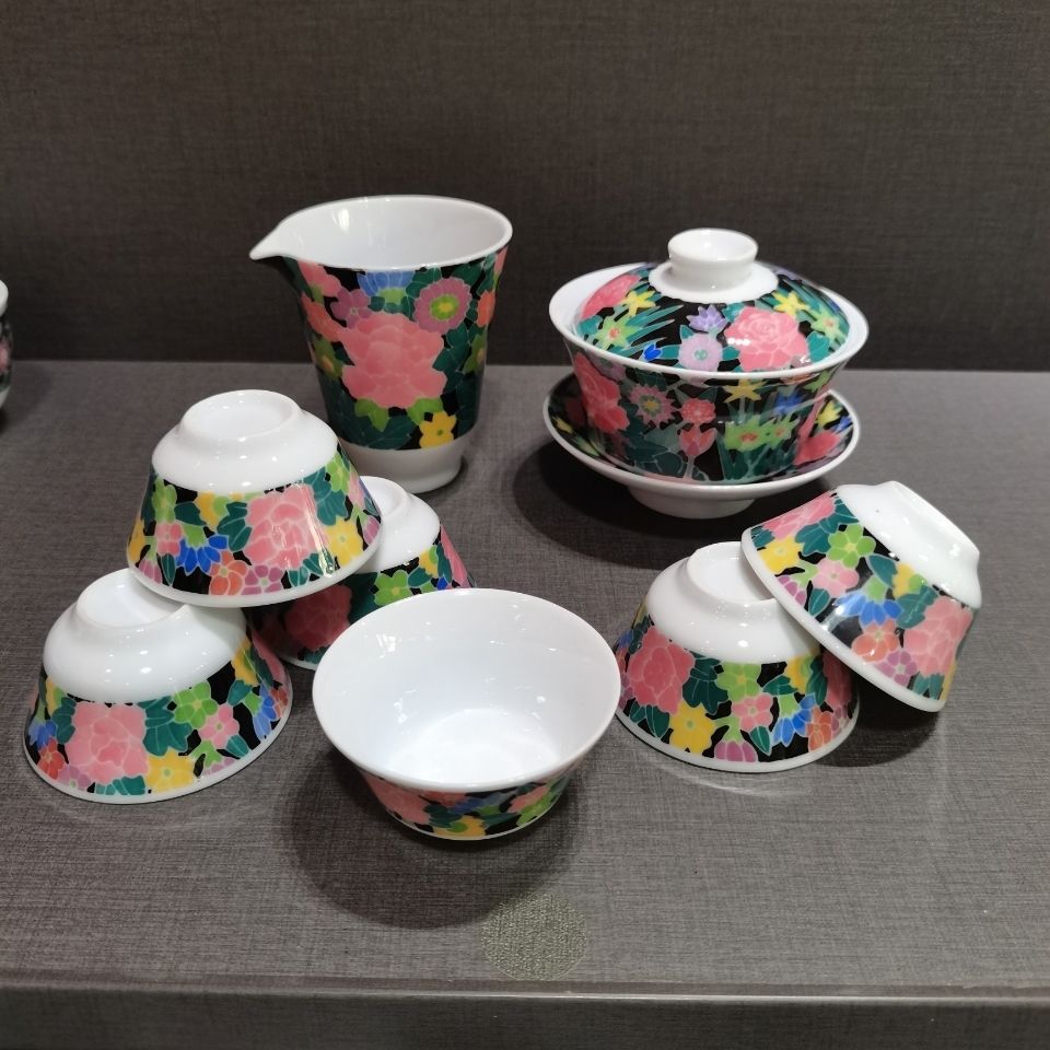 醴陵釉下五彩瓷手绘茶具群力双凤茶具茶具 黑底满花9头