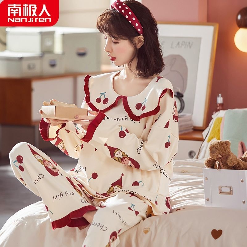 Extra large pajamas women's spring and autumn pure cotton long-sleeved fat mm200 catties can be worn outside home service suit 5XL