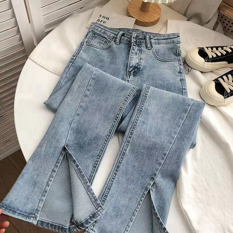 High-waisted slit micro-flared stretch jeans for women in autumn new straight-leg slimming versatile wide-leg drapey floor-length trousers