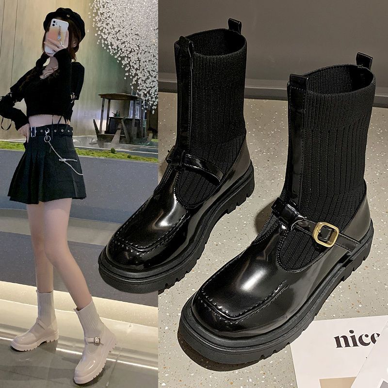 网红袜靴女2021秋冬新款韩版时尚厚底弹力布中筒靴英伦风扣带靴子
