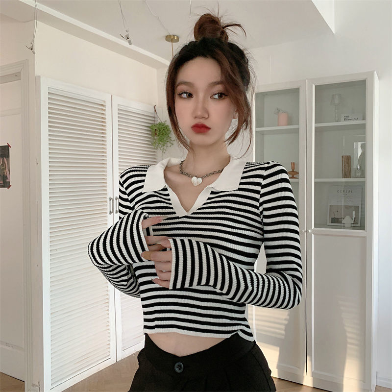 Striped V-neck POLO-neck long-sleeved top women's early autumn knitted sweater  new design sense niche short