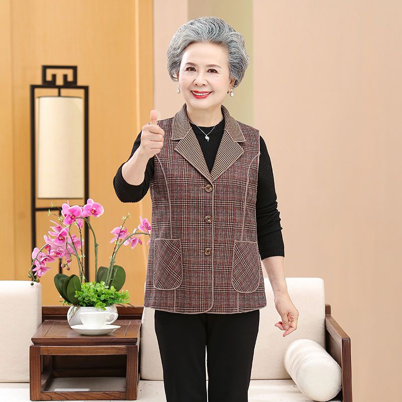 Elderly women's spring and autumn vest thin jacket jacket mother wears large size outerwear vest old lady short waistcoat