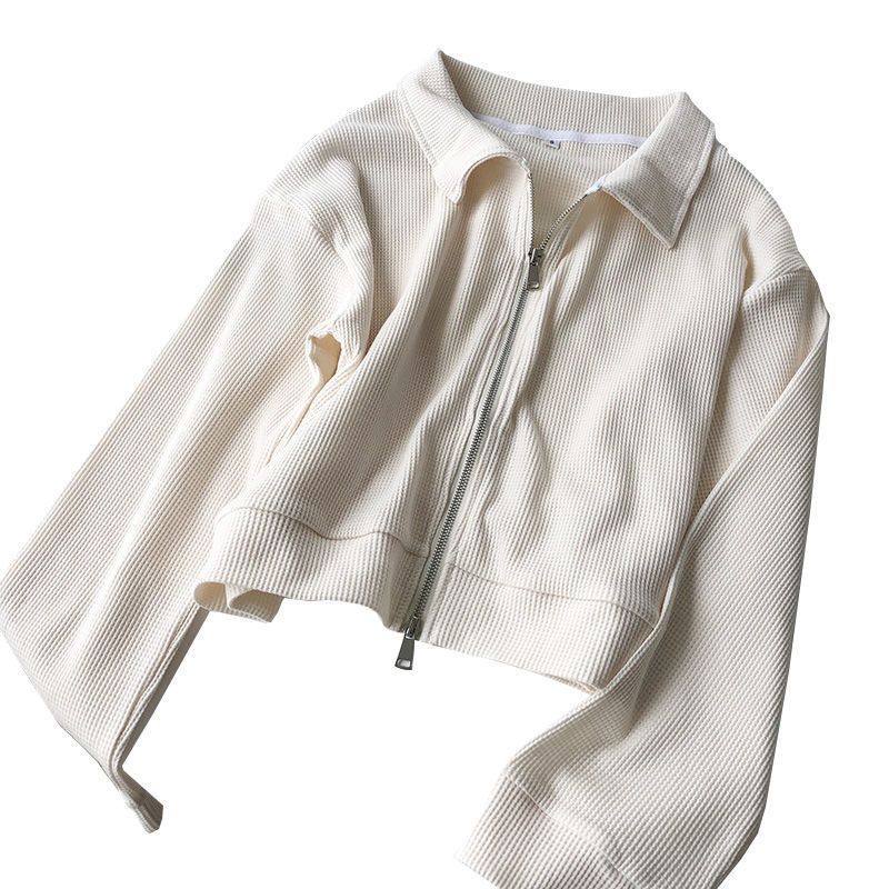 Cotton Waffle Short Jacket Women's Autumn Korean Version Hard Loose Design Double Zipper Top Casual Cardigan Trendy